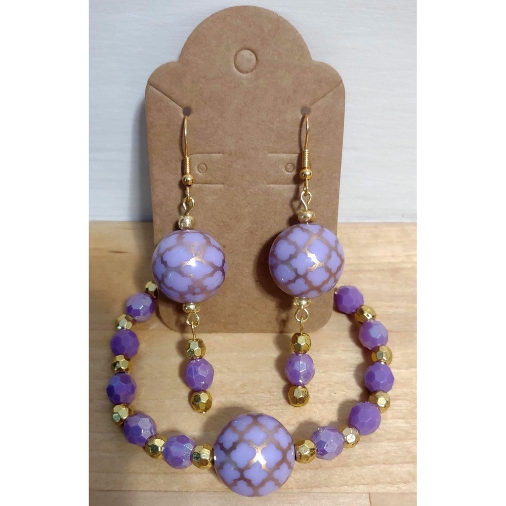 Whimsical Purple and Gold Beaded Jewelry Set - Stretch Bracelet, Dangle Earrings